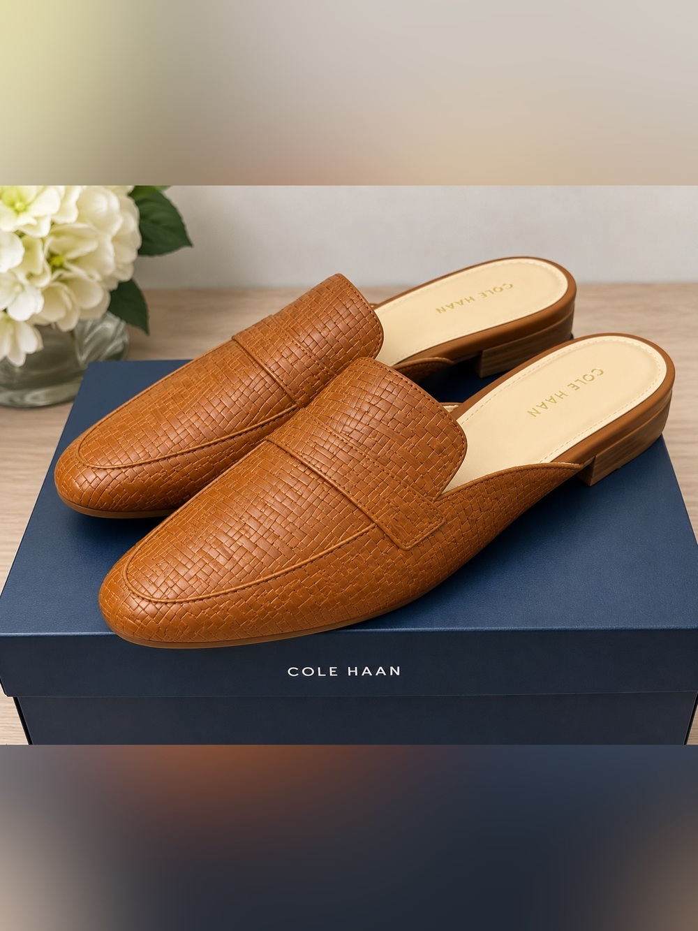 Cole Haan Women’s Woven Leather Mule Loafers Cognac Brown Size 8.5 B